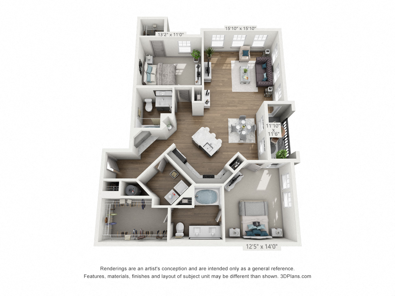 Floor plan for 2 beds, 2 baths, 1334 sqft
